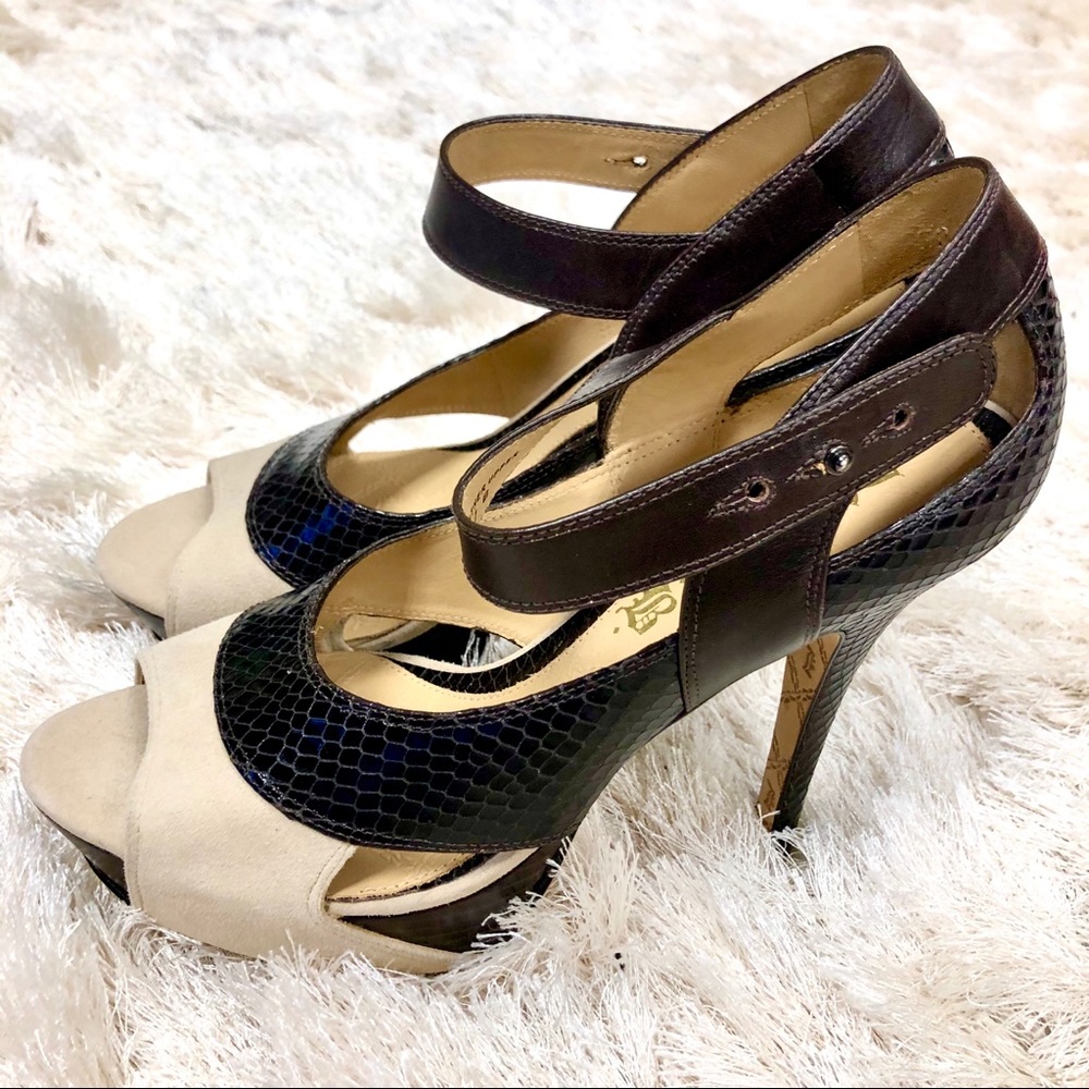L.A.M.B. Beige & Brown Open Toe Heels